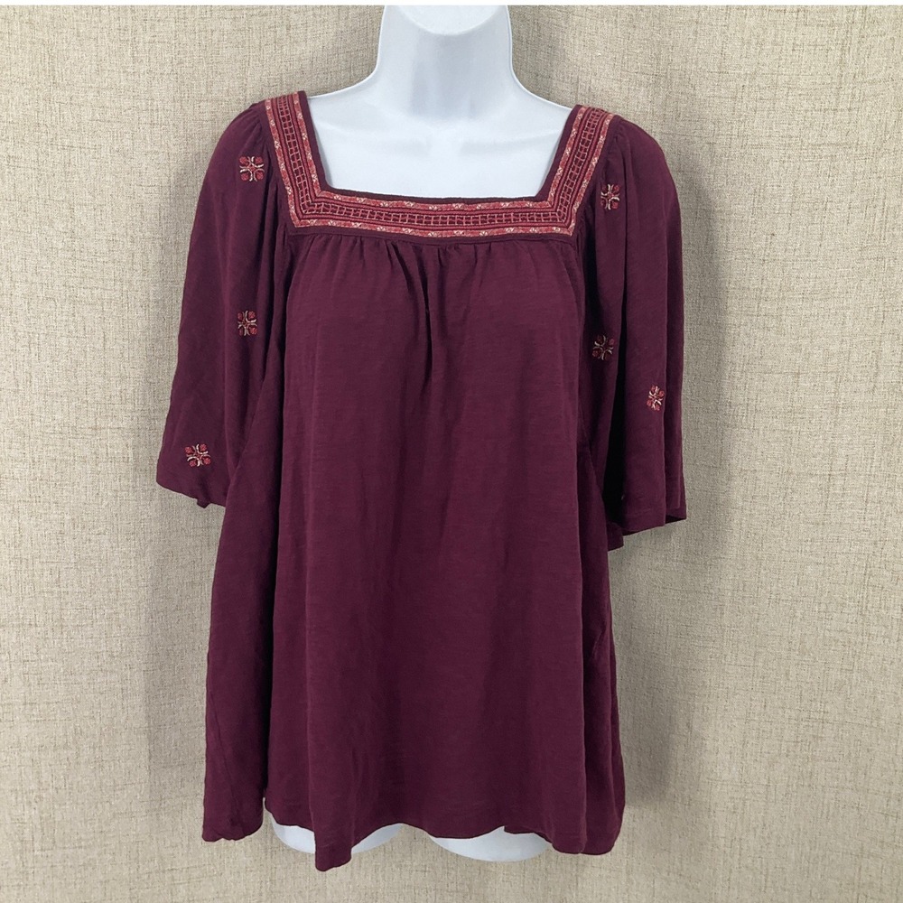 J. Jill Blouse Womens XL Burgundy Boho Embroidered Cottagecore Peasant Artsy